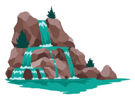 Cascada de cascada de río de dibujos animados. Paisaje con montañas y árboles. Elemento de diseño para folleto de viaje o ilustración juego móvil. Agua dulce natural.
