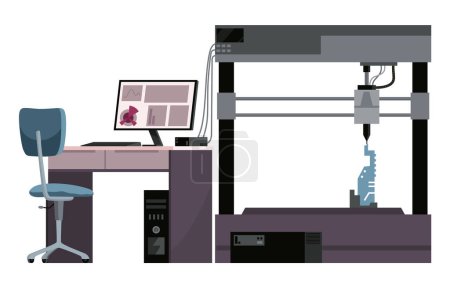 Ilustración de Impresora 3d para crear modelo en laboratorio. Modelado Impresión Progreso, Desarrollo de Tecnología Aditiva, Innovación. Dibujos animados plana Vector Ilustración. - Imagen libre de derechos