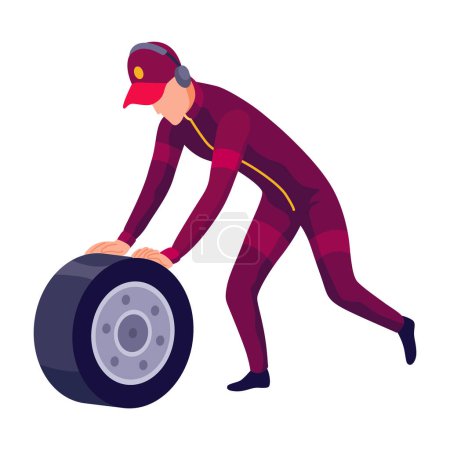 Illustration for Racing car pit stop mechanics. Engineers team in uniform changing wheels, tires. Auto maintenance service, quick repair. - Royalty Free Image