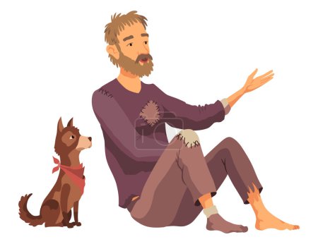 Homeless man with dog. Cartoon flat character illustration.
