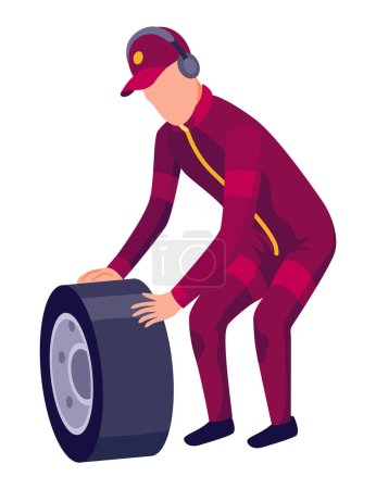 Illustration for Racing car pit stop mechanics. Engineers team in uniform changing wheels, tires. Auto maintenance service, quick repair. - Royalty Free Image