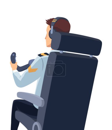 Airplane cockpit pilot. Back view of crew flying airplane. Pilot or copilot inside cockpit during flight. Vector cartoon illustration.