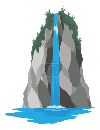 Cartoon river waterfall. Landscape with mountains and trees. Design element for travel brochure or illustration mobile game. Fresh natural water.
