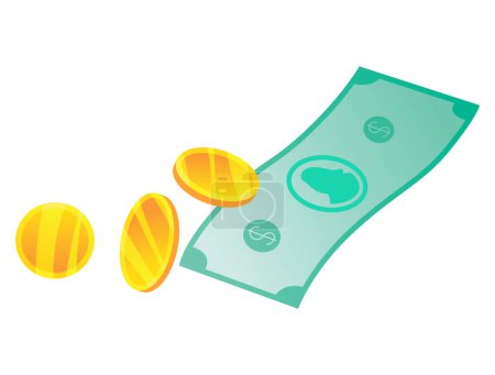 Money rain. Falling 3D cartoon style paper dollars and gold coins. Casino win or business success. Vector illustration isolated on transparent background.