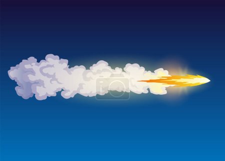 Téléchargez les illustrations : Fumée de tir de fusée, lancement de vaisseau spatial avec nuages, effets de vol spatial. fusée spatiale de la navette de la galaxie ou du moteur de l'engin spatial. Illustration vectorielle de bande dessinée. - en licence libre de droit