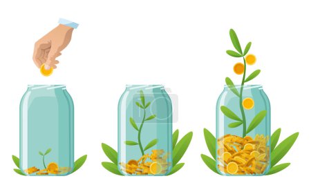 Investing bottle money, icon set. Money growing concept, finance savings tree, finances investment. Money growing plant step with deposit coin in bank concept.
