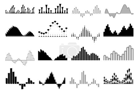 Black sound waves set, audio digital equalizer technology. Voice line waveform, volume level symbol. Musical pulse vector Illustrations on white background.