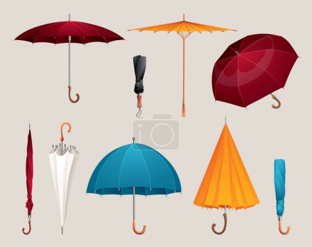 Set aus verschiedenen Regenschirmen in verschiedenen Positionen. Sonnenschirm Seitenansicht. Vereinzelt auf weißem Hintergrund. Vektorsymbole.