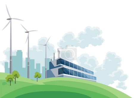 Clean electric energy concept. Renewable electricity resource from wind turbines. Ecological change of the future. City skyline and nature landscape on background.