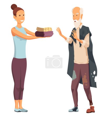 Volunteer help homeless man. Idea of charity and support. Care about people. Isolated vector flat illustration.