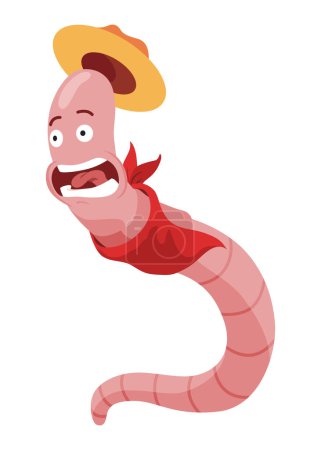 Lustiger Wurm im Hut. Pinkfarbene Krabbeltiere verängstigt. Zeichentrickfigur des Regenwurms, Natur der Tierwelt. Insekt für Kinder Illustration.
