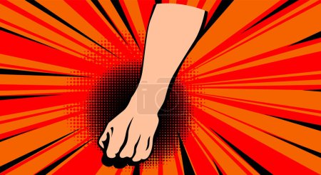 Hand fist with comics background. Blow fist flat cartoon banner. Vector hand strike as a concept energy and power. puzzle 707975124