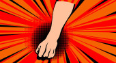 Hand fist with comics background. Blow fist flat cartoon banner. Vector hand strike as a concept energy and power. Stickers #707975124