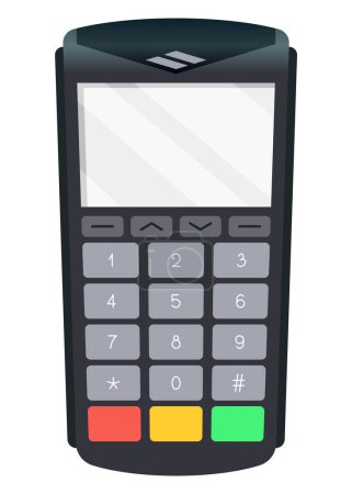 Pago pos terminal. Concepto de máquina de pago NFC. Terminal de pagos bancarios, maqueta. Ilustración vectorial en diseño plano.