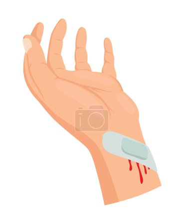 Hands injured skin and procedures of bandaging. First aid for wound. Medicine cure or treatment. First emergency help for human hand trauma.