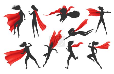 Frau Superhelden Silhouette mit scharlachrotem Stoff Seidenmantel Set. Mantel Kostüm oder Cover Cartoon Vektor Illustration.