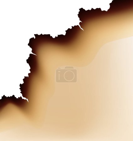 Illustration for Burnt paper hole, page edges and corner. 3d vector with realistic fire flame, ashe and brown burns. Destroyed paper or parchment with cracked and dirty border. - Royalty Free Image