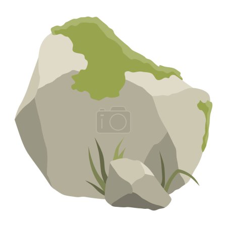 Felsformationen. Kleiner Geröllberg mit Gras und Moos, große Ikone mit felsiger Struktur, schwere Haufen. Kopfsteinpflaster in verschiedenen Formen, Hartgesteinsmüll. Vektor Cartoon Hintergrund.