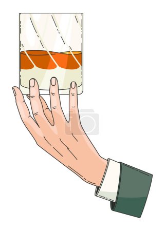 Hand holding glass with strong drink whiskey. Drink whiskey, beverage booze in hand, vintage hand drawing vector illustration.