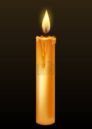 Burning candle with dripping or flowing wax. Yellow candle with golden flame. Lit and melted wax. Illustration of beautiful glowing candle on dark background.