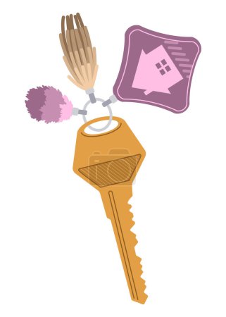 Illustration for Door keys keyfob. Ring with trinket, keychains plastic tag hanging on keyring. House, apartment or room locking accessories. Cartoon flat vector isolated on white background. - Royalty Free Image