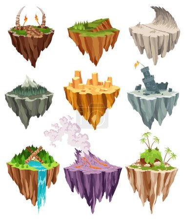 Game flying islands with volcanoes, waterfall, glacier and craters. Flying platform of exotic nature game island. Colorful flat vector elements for fantasy computer or mobile game.