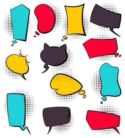 Comic colored hand drawn speech bubbles. Set retro cartoon stickers. Funny design vector items illustration. Comic text sound effects in pop art style.
