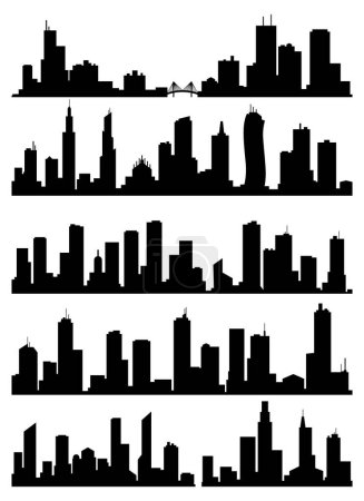 Cityscape silhouette collection. City buildings, night town and horizontal urban panorama silhouettes set. Skyline with windows in a flat style.