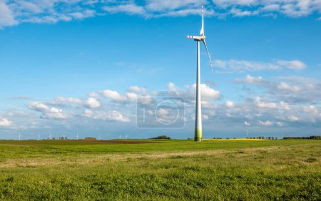 Photo for Wind turbine on grassy field against blue sky - Royalty Free Image