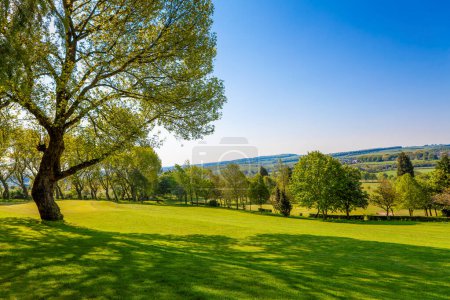 Foto de Campo de golf en las colinas en tiempo de rociado - Imagen libre de derechos