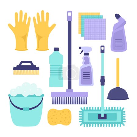 Ilustración de Artículos de limpieza de higiene, ilustración vectorial de dibujos animados de herramientas domésticas brushe, cubo, escoba, fregona, detergentes y trapos, estilo plano - Imagen libre de derechos
