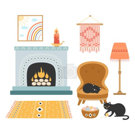 Photo for Room interior with cats sleeping on armchaire and playing knitting ball, fierplace and carpet, wall pictures and floor lamp, apartment with furniture and home decorations in hygge style, flat vector illustration - Royalty Free Image