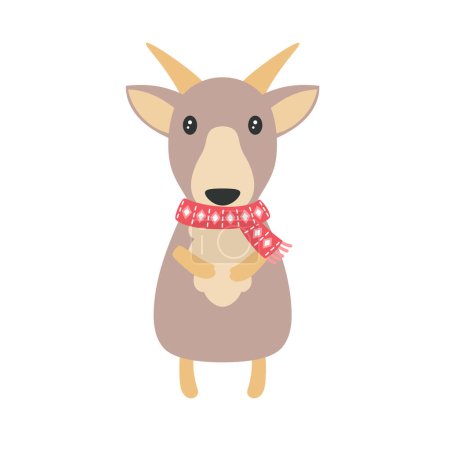 Illustration for Cute christmas goat vector icon isolated on white background, farm animal happy goat in red scarf, cartoon character, flat style - Royalty Free Image