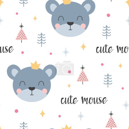 Photo for Seamless pattern with cute mouses, background with animal, trees, dots, lettering in pastel colors, vector illustration for kids, baby shower, gift wrapping paper, fabric - Royalty Free Image