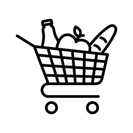 Illustration for Full grocery shopping cart. Shop trolley with food. Online shopping. Order online. Pictogram isolated on a white background. - Royalty Free Image