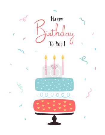 Téléchargez les illustrations : Gâteau doux joyeux anniversaire avec des bougies allumées et célébration, illustration vectorielle de dessin animé isolé sur blanc, design plat scandinave - en licence libre de droit