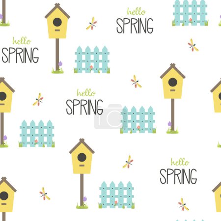 Téléchargez les illustrations : Spring seamless pattern with bird house, fence, flowers and dragonflies, gardening texture, wallpaper, cute kids backdrop, vector illustration in flat style - en licence libre de droit