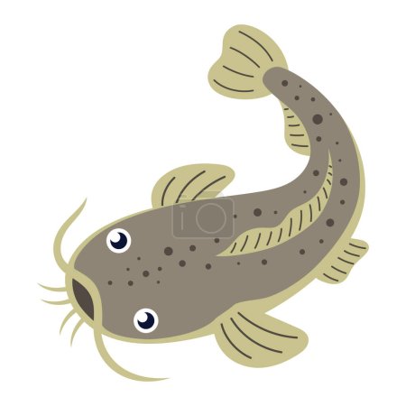 Ilustración de Ilustración vectorial con bagre lindo aislado sobre fondo blanco, tarjeta con peces en estilo de dibujos animados para niños, diseño plano - Imagen libre de derechos