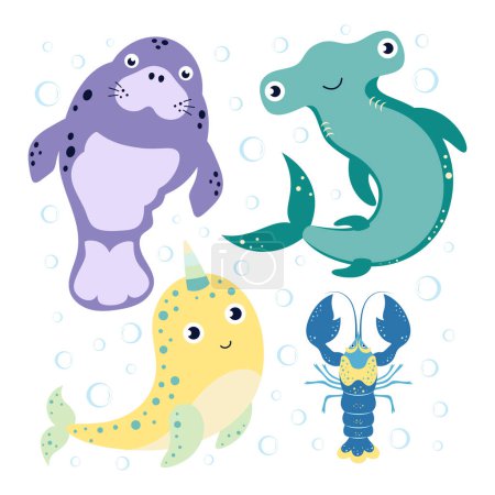 Ilustración de Dibujos animados conjunto de animales marinos, langosta divertida lindo, peces martillo, manatí y narval, vector ilustración plana - Imagen libre de derechos