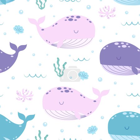 seamless pattern with colored ocean whales and seaweed, cartoon vector marine background, simple flat design