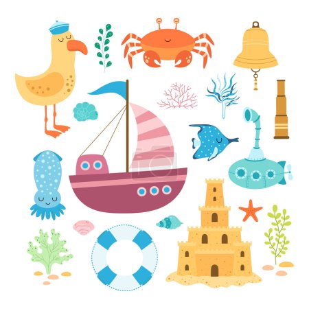 Cute sea objects collection, funny marine elements and comic sea animals, cartoon vector illustration of seagull, sand castle, submarine, lifebuoy and fishes isolated on white background, flat style