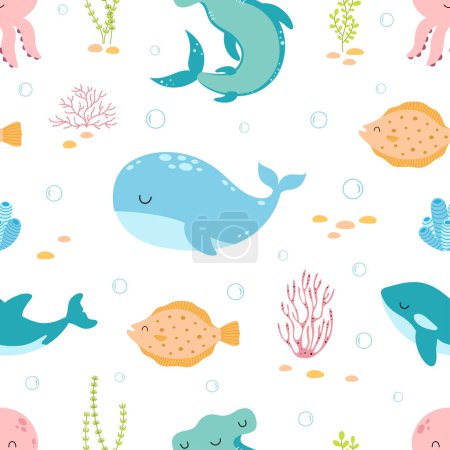Illustration for Seamless pattern with cute happy marine animals living in ocean, underwater backdrop with whale, hammerhead, jellyfish, killer whale and seaweed on white background, flat cartoon childish vector illustration for textile print - Royalty Free Image