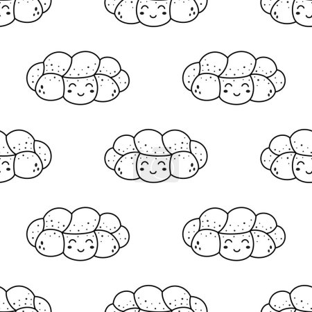 Illustration for Challah seamless vector pattern, unleavened jewish bread, holiday pastries, fresh egg bun with sesame seeds, food sketch character, line art - Royalty Free Image