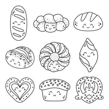 Illustration for Vector illustration of collection bakery food, set of outline bakery characters isolated on white, cartoon style - Royalty Free Image