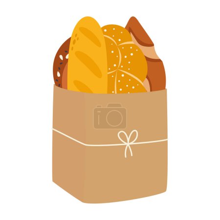 Illustration for Fresh baked grain bread in paper bag, cartoon flat vector illustration of bakery elements isolated on white background, delivery service concept with paper bag full of baked products - Royalty Free Image