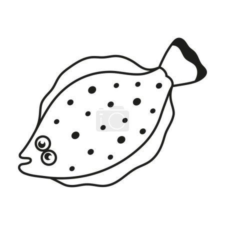 Ilustración de Esquema ilustración vectorial con platija de dibujos animados aislados sobre fondo blanco, tarjeta en blanco y negro con peces - Imagen libre de derechos