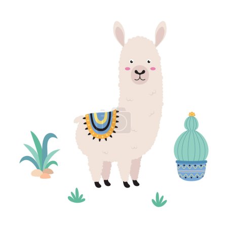 cute cartoon llama in scandinavian style, childish print for nursery, kids apparel, poster, postcard, flat vector Illustration