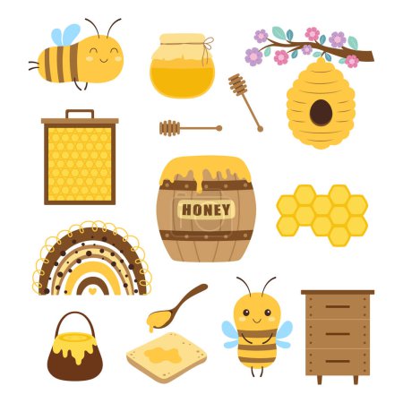 Illustration for Cartoon set with bees and honey, cute cartoon collection, funny illustration in flat style, elements beekeeping with honey bee, beehives, border, flowers, honeycombs and rainbow - Royalty Free Image