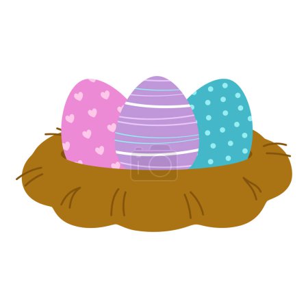 huevos de Pascua feliz, nido de aves con huevos de colores, cartel de primavera en estilo plano, ilustración vector de dibujos animados