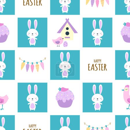 Photo for Easter seamless pattern with bunny, carrots, easter cake and lettering, background for print, wallpaper, packaging paper design, textile - Royalty Free Image